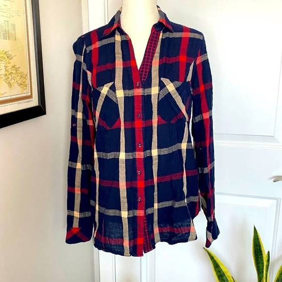 Skies Are Blue Tops - Skies Are Blue Lawler Plaid Navy and Red Long Sleeve Shirt